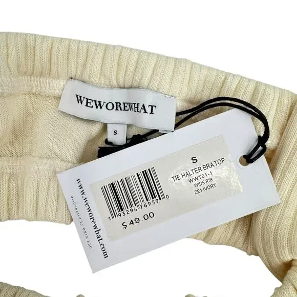 We Wore What NWT Tie Halter Bra Ribbed Ivory Cream Cropped Bandeau Top - Picture 8 of 14